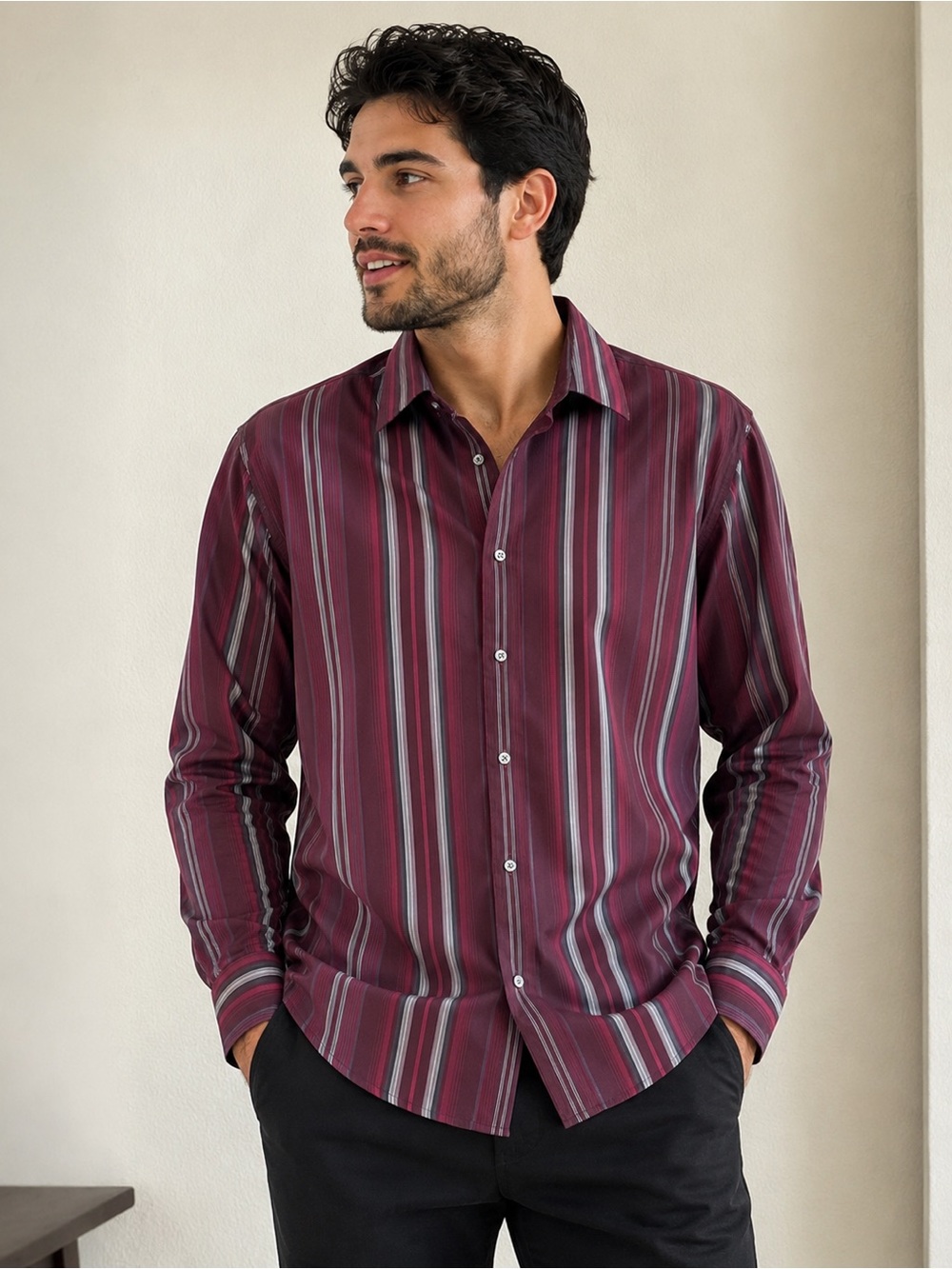 Claiborne Men's Modern Fit Striped Button Up Shirt XL Burgundy Multi-Color- Flaw
